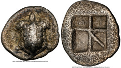 SARONIC ISLANDS. Aegina. Ca. 350-338 BC. AR obol (11mm, 4h). NGC Choice Fine. Land tortoise with segmented shell, seen from above; A-I across fields /...