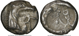 CARIA. Halicarnassus. Ca. 510-480 BC. AR hecte (11mm). NGC XF. Head of ketos right, with pointed ear, pinnate mane, long snout, and mouth open with pr...