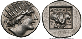 CARIAN ISLANDS. Rhodes. Ca. 88-84 BC. AR drachm (16mm, 11h). NGC Choice XF. Plinthophoric standard, Eragoras, magistrate. Radiate head of Helios right...