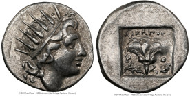 CARIAN ISLANDS. Rhodes. Ca. 88-84 BC. AR drachm (15mm, 1h). NGC VF. Plinthophoric standard, Nicagoras, magistrate. Radiate head of Helios right / NIKA...