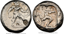 PAMPHYLIA. Aspendus. Ca. mid-5th century BC. AR stater (20mm, 1h). NGC VF, countermarks, overstruck. Ca. 460-420 BC. Helmeted, nude hoplite advancing ...