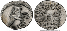 PARTHIAN KINGDOM. Pacorus I (ca. AD 78-120). AR drachm (20mm, 11h). NGC AU. Ecbatana. Draped bust of Pacorus left with long pointed beard, wearing dou...