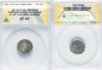 PARTHIAN KINGDOM. Vologases IV (ca. AD 147-191). AR drachm (19mm, 4.03 gm, 11h). ANACS XF 45, cleaned. Ecbatana. Bust of Vologases IV left, with taper...