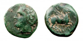 MONEDAS ANTIGUAS SICILIA AE-15. Panormus. (380-340 a.C.) A/Cabeza laureada de Apolo a izq. R/Pegaso a der., entre las patas letras púnicas. 2,87 g. CA...