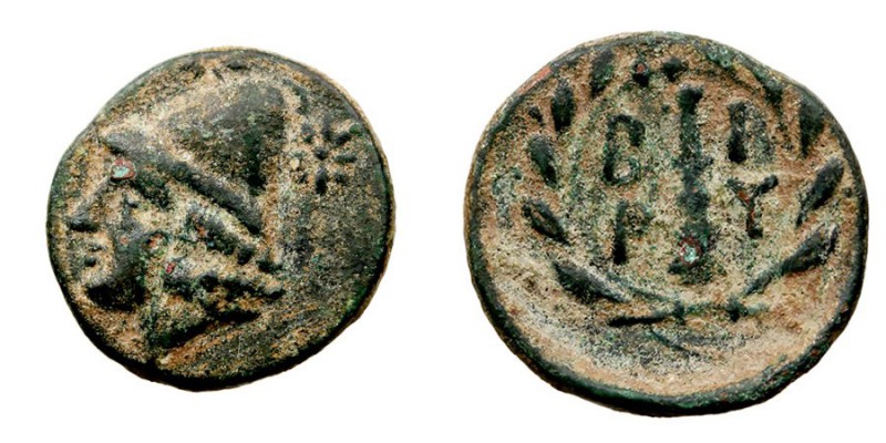 MONEDAS ANTIGUAS TROAS Birytis. AE-11. (350 a.C.) A/Cabeza de Kabeiros a izq., e...