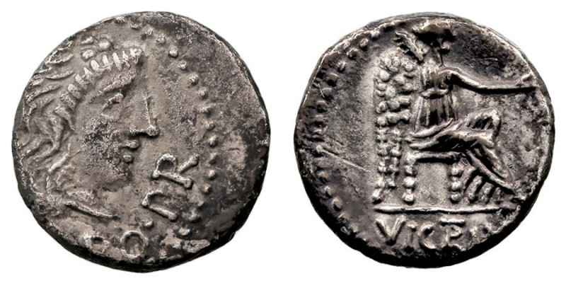 REPÚBLICA ROMANA PORCIA Quinario. AR. (47-46 a.C.) África. A/Cabeza de Apolo a d...