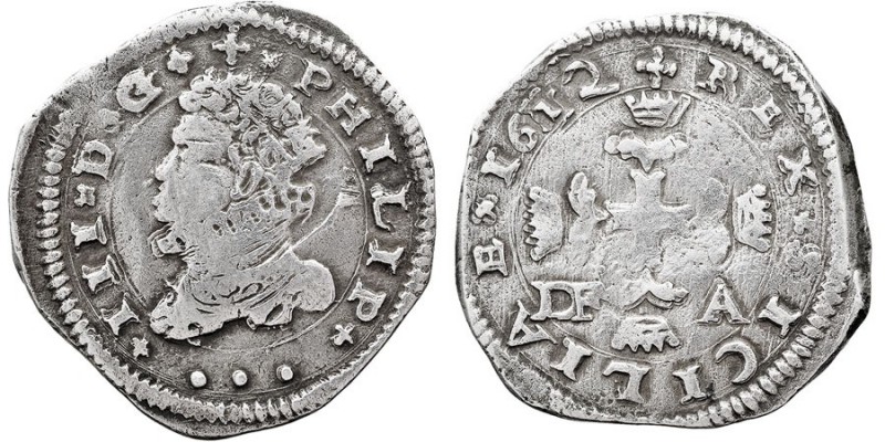 MONARQUÍA ESPAÑOLA FELIPE III 3 Tari. AR. Sicilia. 1612 DF A. 7,77 g. Spahr 49. ...