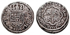 MONARQUÍA ESPAÑOLA FELIPE V 2 Reales. AR. Sevilla J. 1722. Cal.1424. Sirvió de joya, si no MBC-