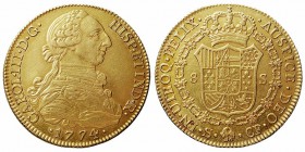 MONARQUÍA ESPAÑOLA CARLOS III 8 Escudos. AV. Sevilla CF. 1774. 27,03 g. Cal.253 (6.500 € en catálogo) Ligera rayita en anv., conservando restos de bri...