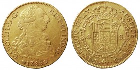 MONARQUÍA ESPAÑOLA CARLOS III 8 Escudos. AV. Sevilla C. 1788. 27,06 g. Cal.263. Conserva brillo original, bella pieza. EBC