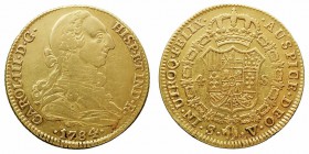 MONARQUÍA ESPAÑOLA CARLOS III 4 Escudos. AV. Sevilla V. 1784. 13,41 g. Cal.406 (6000 € en catálogo) Restos de brillo original. Rarísima. MBC+/EBC-...