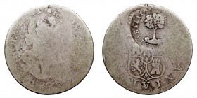 MONARQUÍA ESPAÑOLA CARLOS III 2 Reales. AR. (1778) Doble resello para circular en Costa Rica. KM.36. Resello BC. Muy escasa