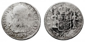 MONARQUÍA ESPAÑOLA CARLOS III 2 Reales. AR. Potosí PR. 1777. 6,21 g. Cal.1388. Concreciones limpiadas, si no BC. Escasa