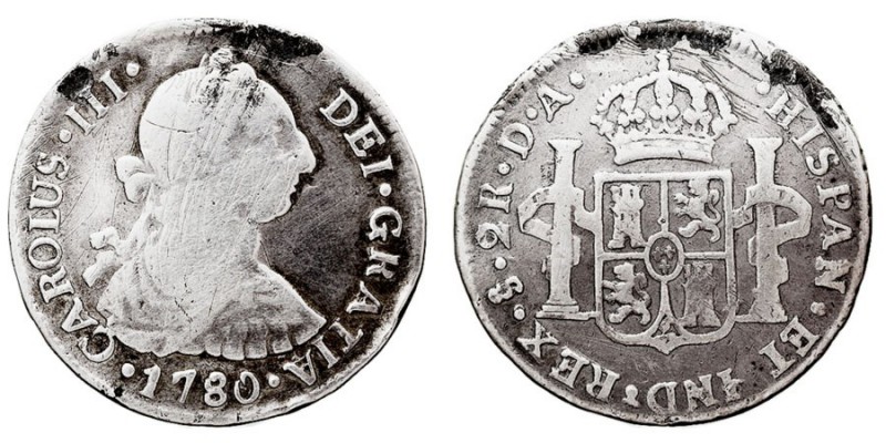 MONARQUÍA ESPAÑOLA CARLOS III 2 Reales. AR. Santiago DA. 1780. 6,48 g. Cal.1423....