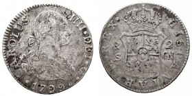 MONARQUÍA ESPAÑOLA CARLOS IV 2 Reales. AR. Sevilla CN. 1799. 5,82 g. Cal.1063. MBC-