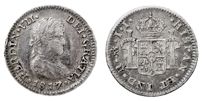 MONARQUÍA ESPAÑOLA FERNANDO VII 1/2 Real. AR. Méjico JJ. 1817. 1,66 g. Cal.1349....