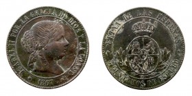 MONARQUÍA ESPAÑOLA ISABEL II 5 Céntimos de escudo. AE. Sevilla OM. 1867. Cal.634. Suciedad, si no MBC+