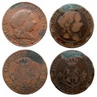 MONARQUÍA ESPAÑOLA ISABEL II 5 Céntimos de escudo. AE. Lote de 2 monedas. 1868 Barcelona y Jubia. BC a RC