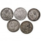 CENTENARIO DE LA PESETA LOTES DE CONJUNTO 2 Pesetas. AR. Lote de 5 monedas. 1870 *74, 1882 *82 (2), 1892 y 1905. Algo sucias, si no MBC a BC-
