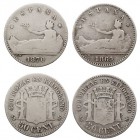 CENTENARIO DE LA Peseta GOBIERNO PROVISIONAL 50 Céntimos. AR. Lote de 2 monedas. 1869 *?-9 y 1870. BC a BC-