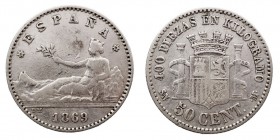 CENTENARIO DE LA Peseta GOBIERNO PROVISIONAL 50 Céntimos. AR. 1869 *6-9 SNM. Cal.18. MBC-