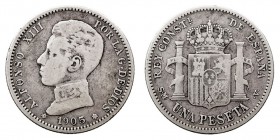 CENTENARIO DE LA Peseta ALFONSO XIII Peseta. AR. 1905 *(19)-?? SMV. Cal.51. Muy escasa. BC