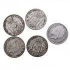 CENTENARIO DE LA Peseta ALFONSO XIII 50 Céntimos. AR. 1894 PGV. Lote de 5 monedas. Algunas estrellas visibles. MBC- a BC