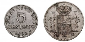 CENTENARIO DE LA Peseta ALFONSO XIII 5 Centavos. AR. Puerto Rico. 1896 PGV. 1,26 g. Cal.86. Escasa. MBC
