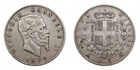 MONEDAS EXTRANJERAS ITALIA Víctor Manuel II. 5 Liras. AR. 1870 M-BN. KM.8,3. MBC