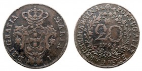 MONEDAS EXTRANJERAS PORTUGAL María I. 20 Reis. AE. 1795. Azores. Gomes 3,02. Escasa. MBC. Pátina negra