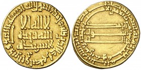 * AH 186. Califato Abasida de Bagdad. Harun al-Rashid. Dinar. (S.Album 218.3) (Lavoix 760). 4,16 g. Citando al heredero, al-Amin Muhammad, en la segun...