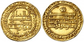 * AH 278. Califato Abasida de Bagdad. Al-Mutamid. San'a. Dinar. (S.Album 1055). 2,91 g. Acuñación peculiar para el Yemen, cospel pequeño, escritura mu...