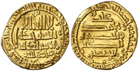 * AH 295. Aglabitas de Túnez. Zydat Allah III. Dinar. (S.Album 452) (Lavoix 886). 4,20 g. Ligeramente alabeada, pero bella. Rara. EBC-.