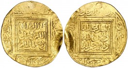 * Meriníes de Marruecos. Anónima, atribuida a Abu Yahya Abu Bakr. Dinar. (S.Album 521) (Hazard 695). 2,30 g. Perforación reparada. Rara. BC+.