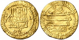 * AH 297. Fatimidas de Egipto y Siria. Al-Mahdy Abd-Allah. Dinar. (Nicol 78, tipo B1). 4,22 g. Este primer tipo, sin marca de ceca y con el nombre esc...