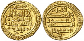 * Fatimidas de Egipto y Siria. Al-Mahdy Abd-Allah. Dinar. (S.Album 688A). 4,14 g. Sin marca de ceca, pero acuñada en Segilmesa. Descentrada, fecha fue...
