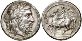 Imperio Macedonio. Filipo II (359-336 a.C.). Pella. Tetradracma. (S. 6678 var) (CNG. III, 860). 14,49 g. Bella. Rara así. EBC.