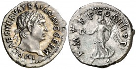 (102 d.C.). Trajano. Denario. (Spink falta) (S. 242) (RIC. 60). 3,32 g. EBC-.