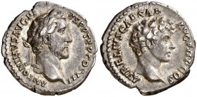 (141 d.C.). Antonino pío y Marco Aurelio. Denario. (Spink 4524) (S. 15) (RIC. 417a). 3,26 g. Escasa. MBC+.