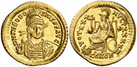 (430-440 d.C.). Teodosio II. Constantinopla. Sólido. (Spink 21158) (Ratto 174) (RIC. 257). 4,44 g. Atractiva. EBC-.