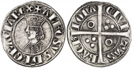 Alfons II (1285-1291). Barcelona. Croat. (Cru.V.S. 331 var) (Badia 22) (Cru.C.G. 2148 var). 2,85 g. Leves oxidaciones. Rara. MBC.