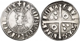 Jaume II (1291-1327). Barcelona. Croat. (Cru.V.S. 333.1) (Cru.C.G. 2150a). 3,01 g. Dos-cinco-cinco y dos anillos en el vestido. Letras A y U latinas. ...
