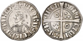Jaume II (1291-1327). Barcelona. Croat. (Cru.V.S. 334.1) (Cru.C.G. 2151a). 3,05 g. Dos-siete-seis y tres anillos en el vestido. Letras A y U góticas. ...