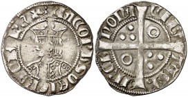 Jaume II (1291-1327). Barcelona. Croat. (Cru.V.S. 335.1) (Cru.C.G. 2152a). 3,08 g. Dos-cuatro-cuatro y dos anillos en el vestido. Letras A y U góticas...