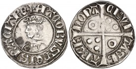 Jaume II (1291-1327). Barcelona. Croat. (Cru.V.S. 339.2) (Cru.C.G. 2157) (AN. 24 pág. 109, nº 107A, mismo ejemplar). 3,23 g. Flores de seis pétalos en...