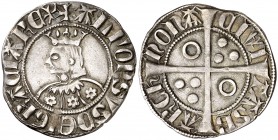 Alfons III (1327-1336). Barcelona. Croat. (Cru.V.S. 366) (Badia 189) (Cru.C.G. 2184c var). 3,08 g. Flores de seis pétalos en el vestido. Letras A sin ...