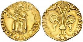 Pere III (1336-1387). Perpinyà. Florí. (Cru.V.S. 384) (Cru.Comas 16) (Cru.C.G. 2206). 3,32 g. Marca: rosa de anillos. No figuraba en la Colección Caba...