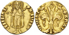 Pere III (1336-1387). Barcelona. Florí. (Cru.V.S. 389 var) (Cru.Comas 22 var) (Cru.C.G. 2210 var). 3,43 g. Marca: rosa de puntos pequeños. MBC+/MBC.