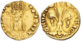 Pere III (1336-1387). Barcelona. Mig florí. (Cru.V.S. 390) (Cru.Comas 23) (Cru.C.G. 2215). 1,73 g. Marca: rosa de puntos. MBC-/MBC.