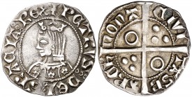 Pere III (1336-1387). Barcelona. Croat. (Cru.V.S. 401) (Cru.C.G. 2220). 3,13 g. Flores de cinco pétalos en el vestido. Letras A y U latinas. Buen ejem...